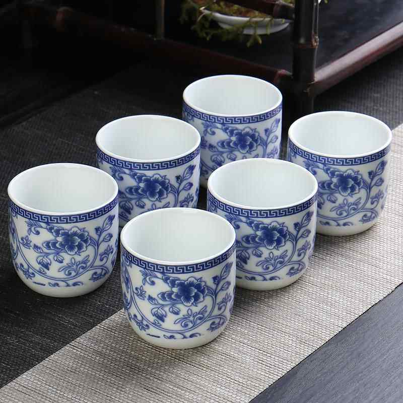 陶瓷6祇装大号功夫茶水杯套装青花瓷品茗单杯家用100ml啤酒杯茶碗
