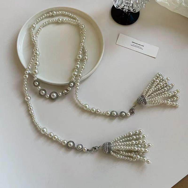 新款法式复古珍珠串珠流苏双层叠戴项链气质超长款轻奢高级感腰链