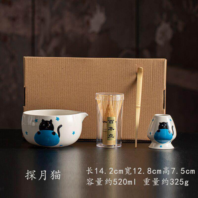 可爱风手绘4件套卡通猫陶瓷抹茶碗带嘴套装宋代点茶工具跨境
