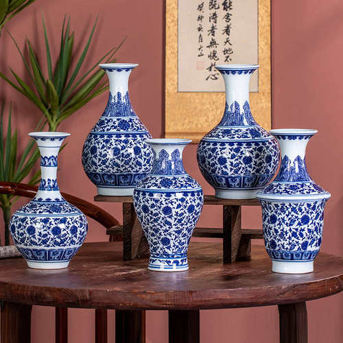 新品茶室家居客厅餐桌插花复古青花瓷陶瓷花瓶摆件酒店样板房民宿