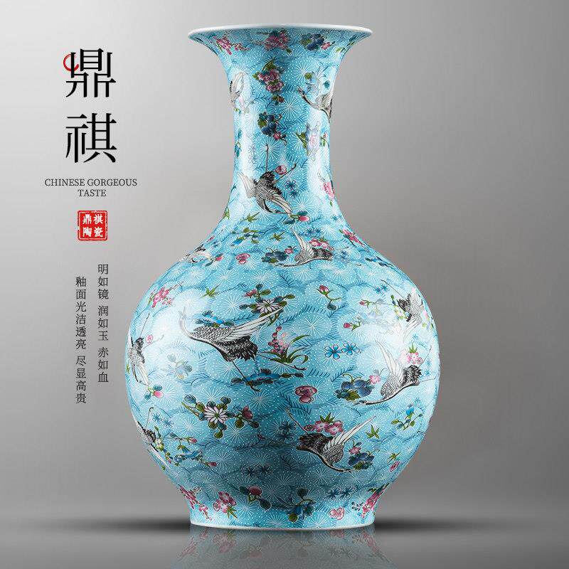 鼎祺景德镇瓷器彷古珐瑯彩蓝地飞鹤陶瓷大花瓶精品家居新中式摆件