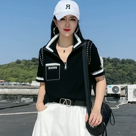 时尚印花翻领洋气女士短袖T恤2024夏季显瘦减龄运动短款休闲上衣