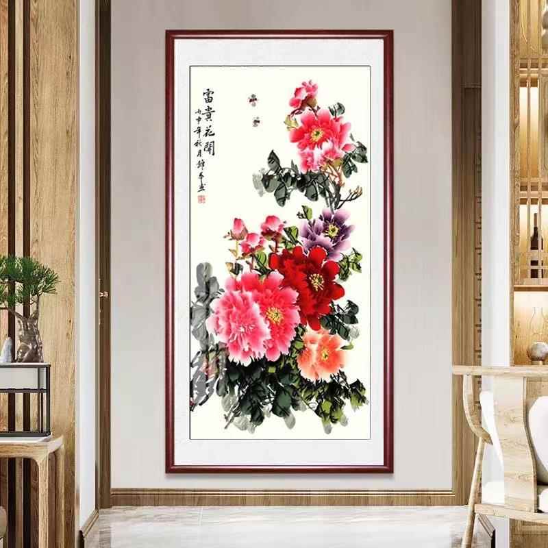 花开富贵国画入户玄关画客厅过道走廊竖版中式挂画牡丹花鸟图挂墙