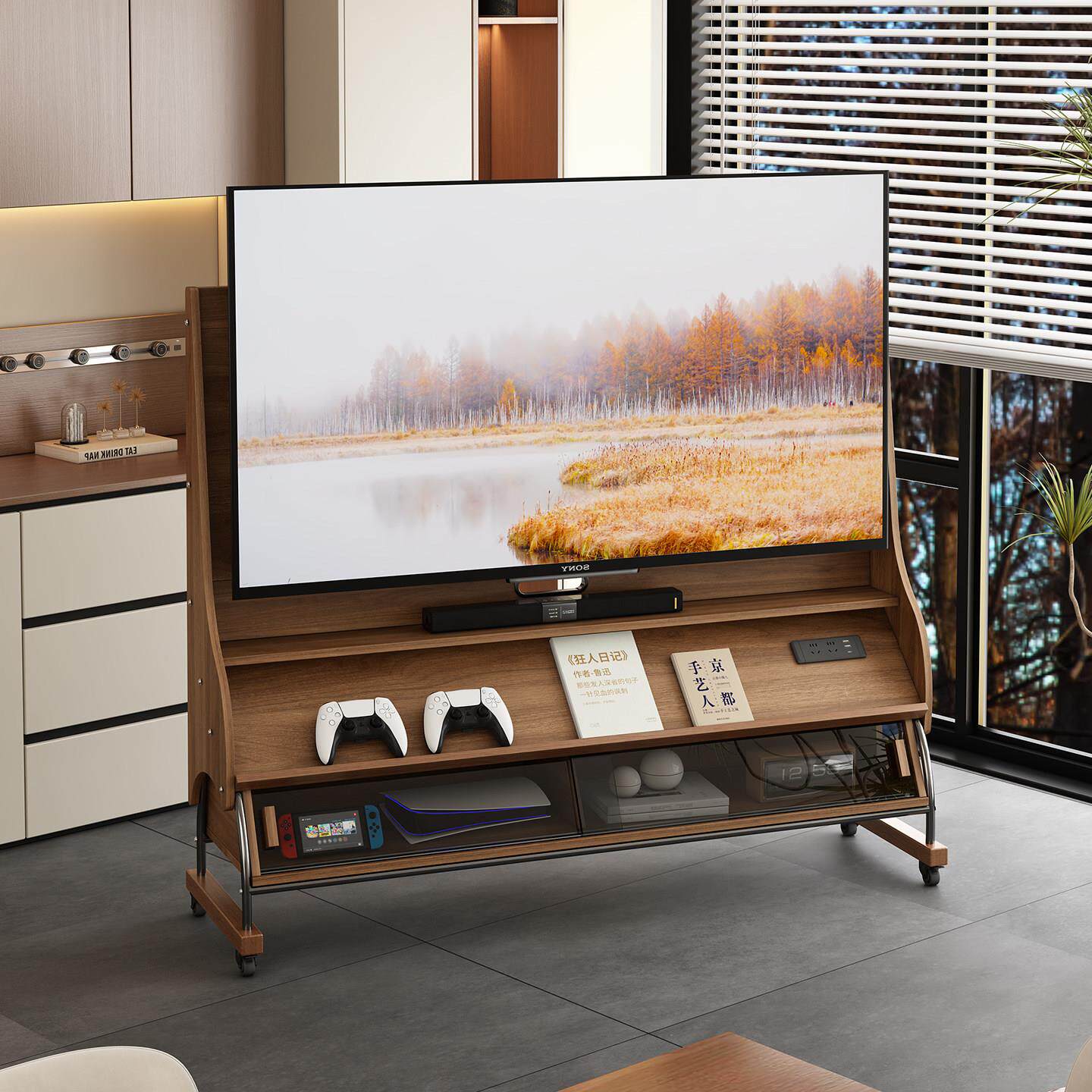 实木可移动电视机柜客厅2025新款落地家用小户型带轮储物电视支架