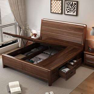 实木床家用1米5的床加床垫2026新款主卧1米8床双人床带储物箱体床