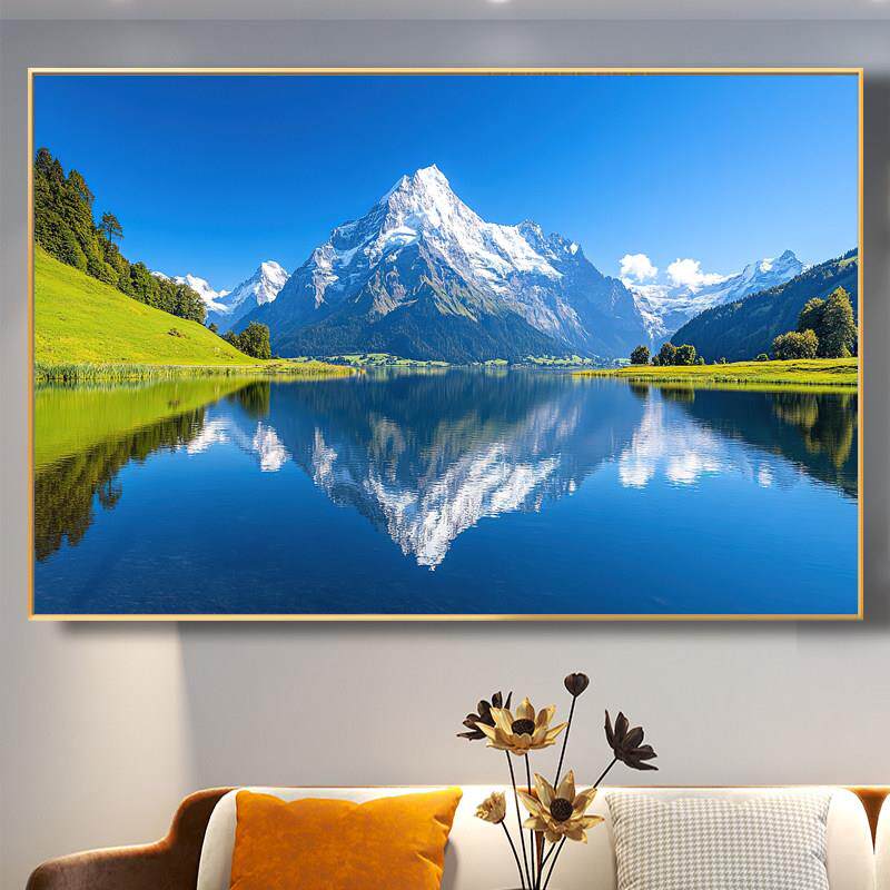 湖泊山水山峰雪山风景画客厅背景墙装饰画饭厅饭店茶室壁画挂画