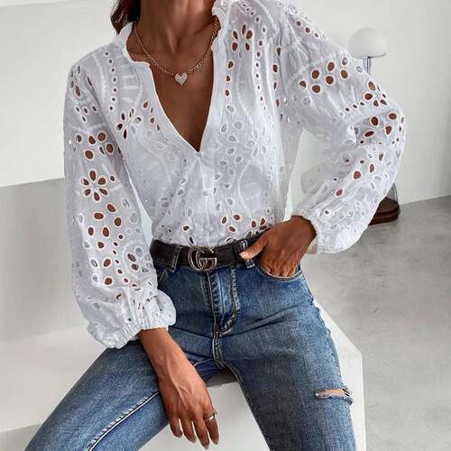 Womens Deep V Neck Eyelet Blouses Tops Dressy Casual 3/4