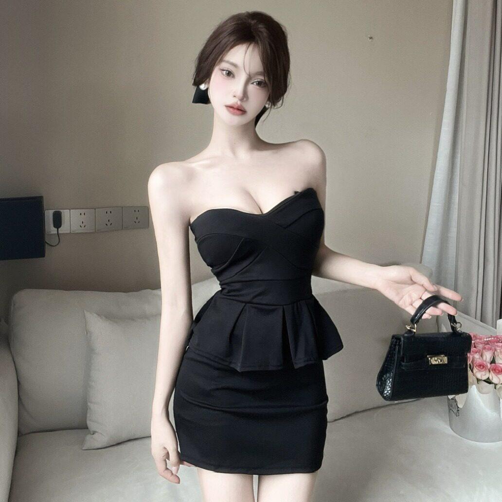 夜点女装夜场上班衣服性感性感领显瘦遮肚子假两件抹胸连衣裙子