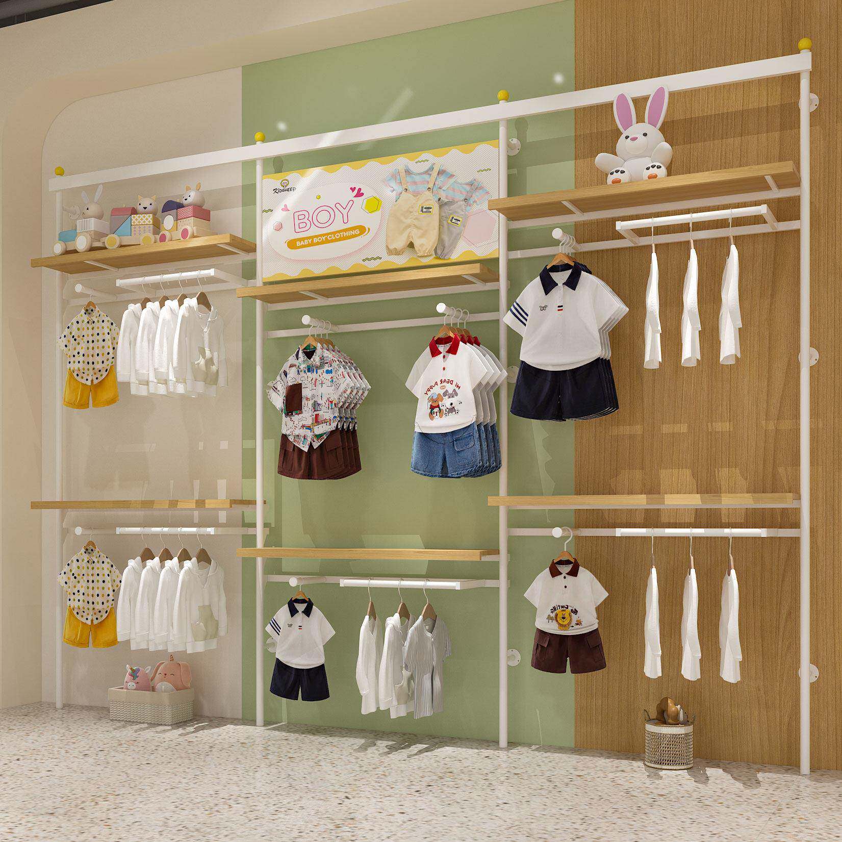 童装货架展示架上墙多层铁艺陈列架上墙儿童组合高档店铺装修效果