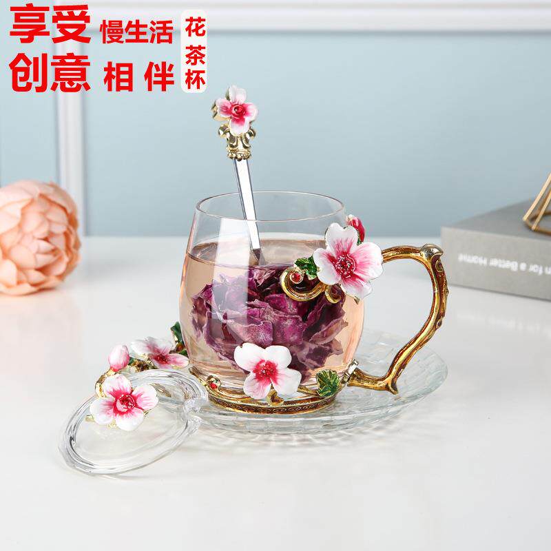 珐琅彩水杯简约少女心可爱便携玻璃咖啡杯创意个性潮流茶杯子套装