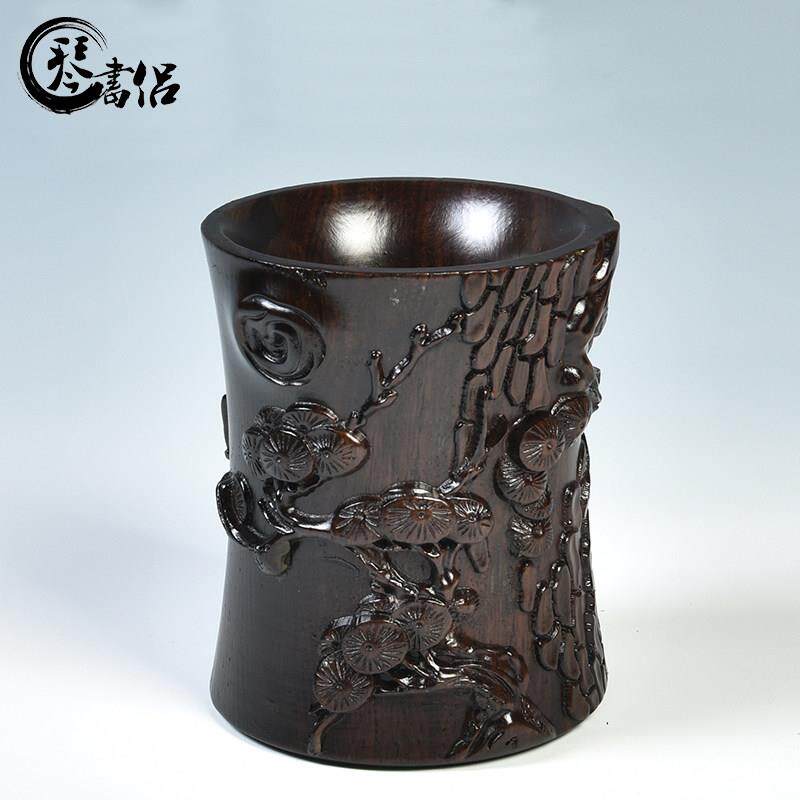 黑檀笔筒木质荷花笔筒 办公文具笔筒实木工艺品摆饰木雕文房用品