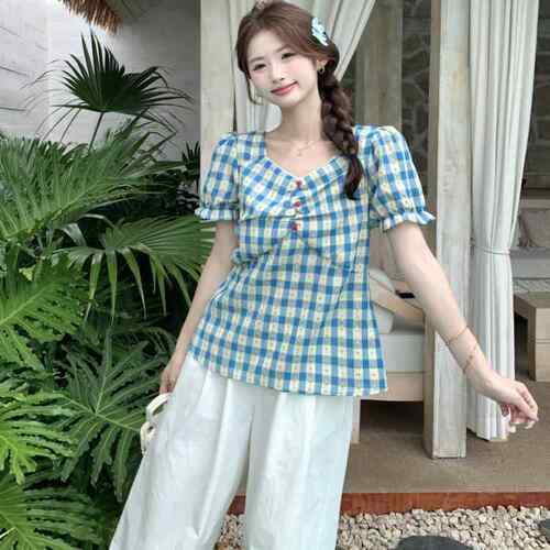 高端小资大尺码微胖法式碎花短袖衬衫女装夏季格子衬衣胖MM0415k