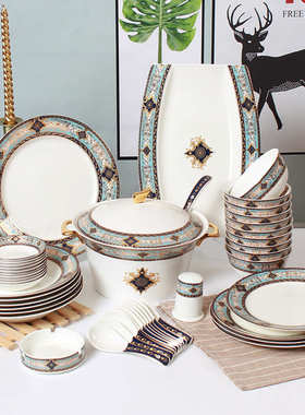 厂家直供46头陶瓷餐具优质高档骨瓷金边饭碗盘碟套装家用酒店摆台