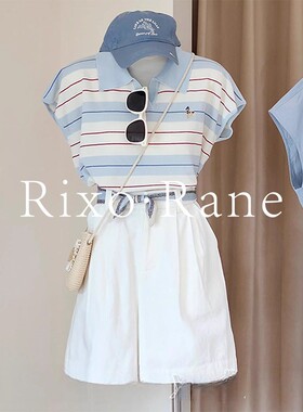 法国Rixo Rane?撞色条纹polo翻领1/4吋套筒扳手袖短袖T恤女夏漂亮