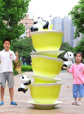 网红打卡拍照卡通盖碗茶熊猫雕塑摆件奶茶店咖啡厅店铺门口装饰品