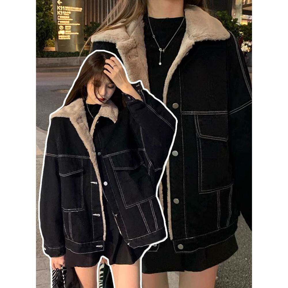 香港特大码羊羔毛牛仔外套女士秋冬时尚韩版宽松黑色加绒加厚棉服