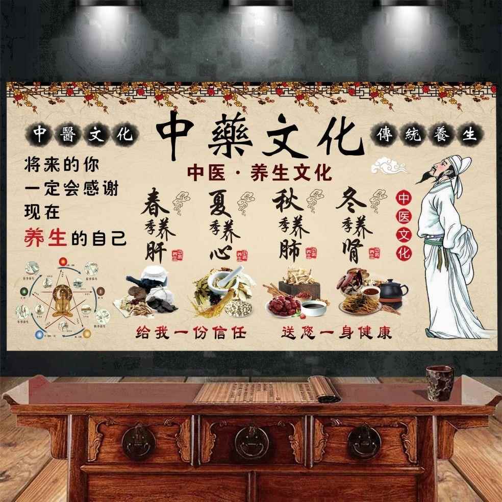 中药文化海报中医理疗店养生馆挂图四季墙面装饰背景墙壁画设计