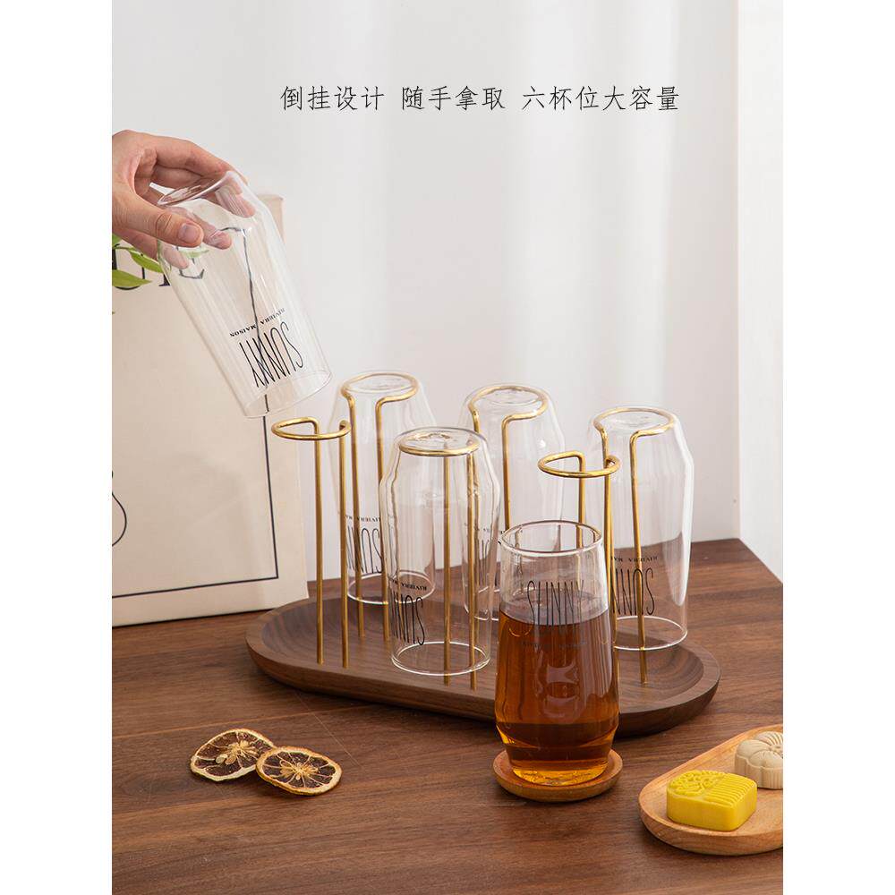 实木黄铜排水杯架黑胡桃家用茶杯套挂架存储架倒挂排水架