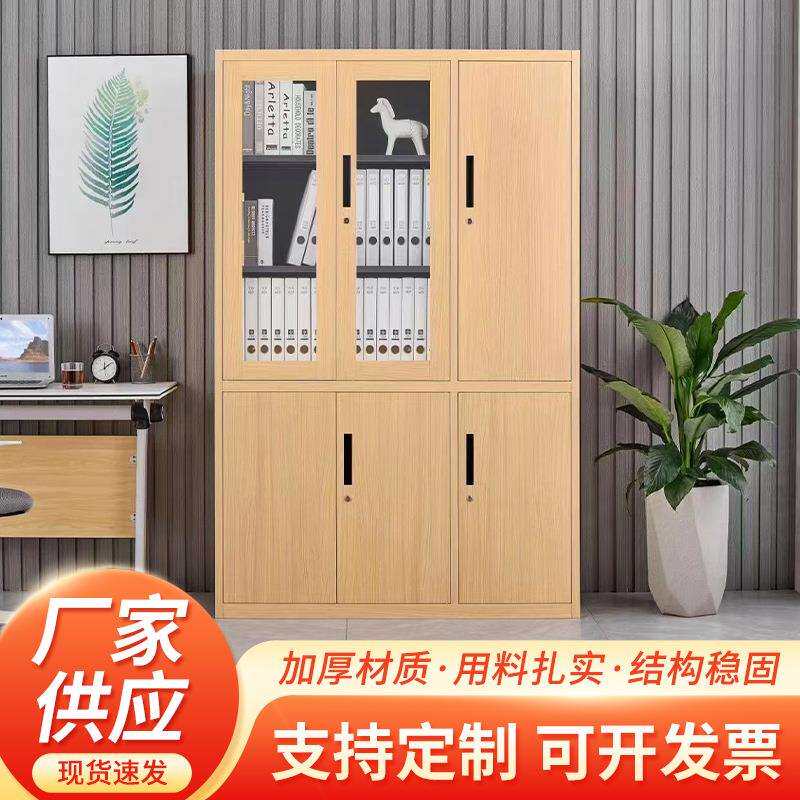 多门仿木门钢制柜子办公室资料文件柜时尚简约带锁玻璃落地柜铁柜