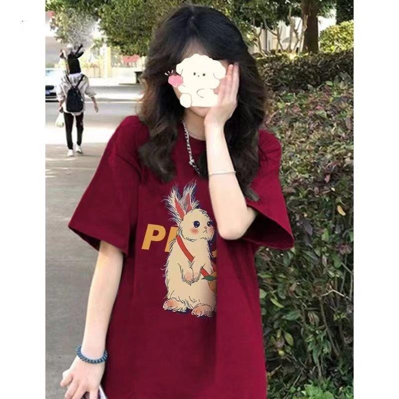 Top Spicy T-shirt Burgundy Rabbit Half Sweet Short Shoulder