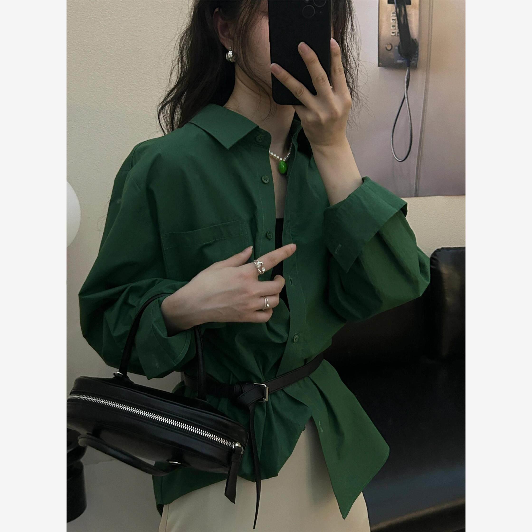 NextMary复古感绿色叠穿长袖衬衫女春季气质显瘦宽松上衣外搭休闲