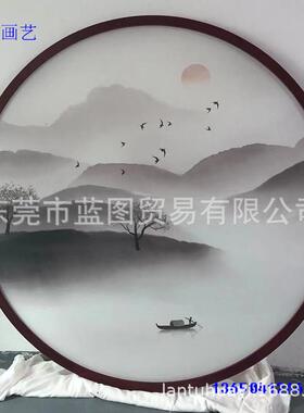 新中式玄关圆形装饰画led带灯茶室禅意屏风玄关发光水墨山水挂画