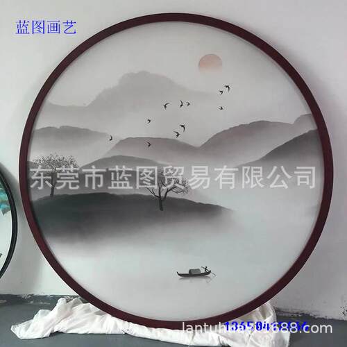 新中式玄关圆形装饰画led带灯茶室禅意屏风玄关发光水墨山水挂画