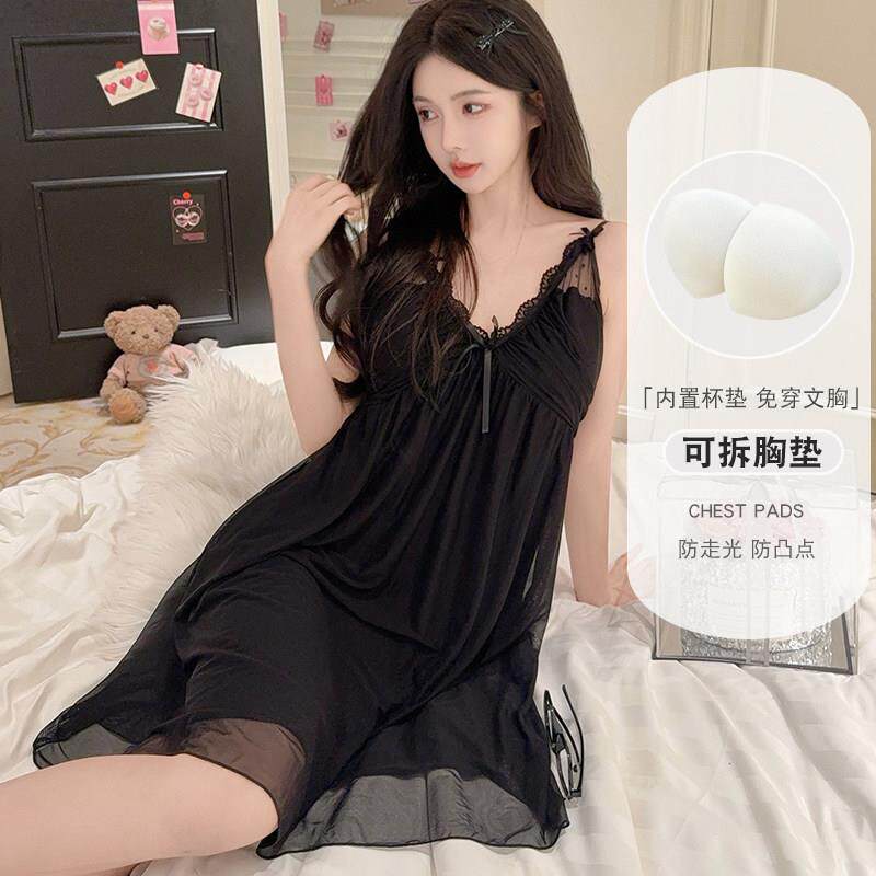 吊带睡裙女款夏季2025新款带胸垫网纱薄款蕾丝花边黑色莫代尔睡衣