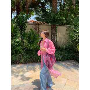 罗洛Jongjie春季碎花裙子粉红色长袖碎花衬衫连衣裙2025新款小衬