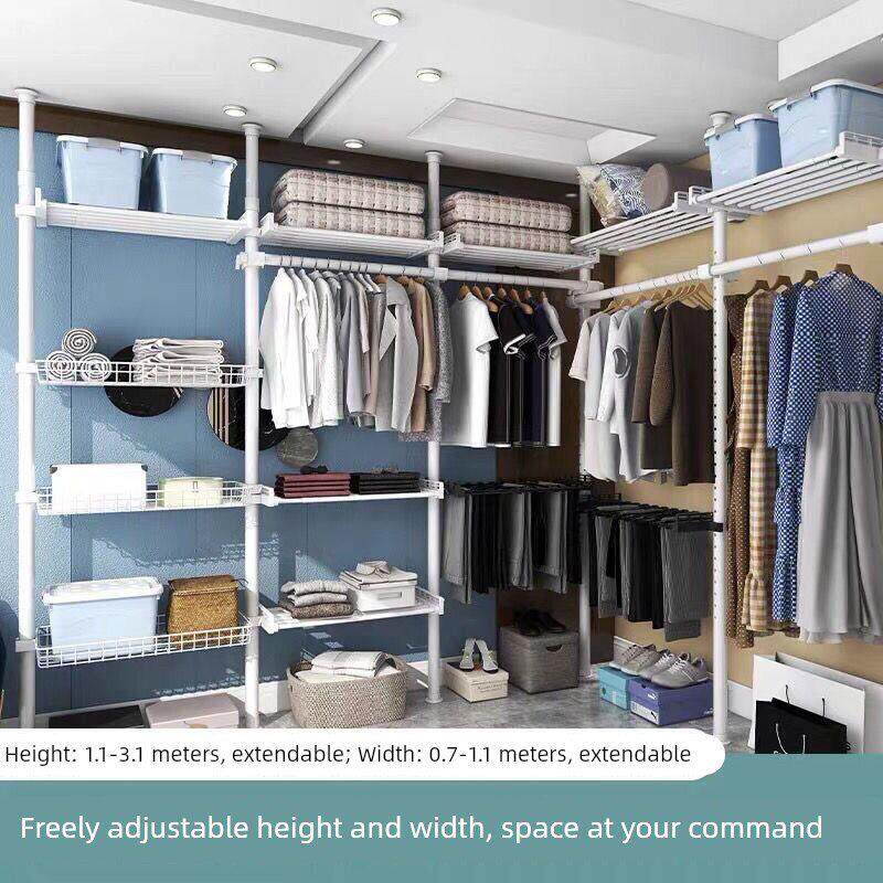 顶天立地全轨道挂衣架卧室落地式衣帽架免打孔加厚简易衣柜置物架