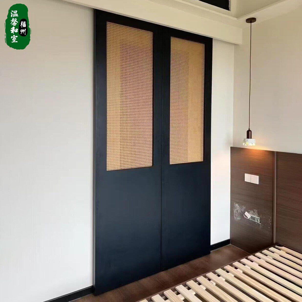 藤编门实木隔断屏风 法式复古木质门片E1级天然藤编