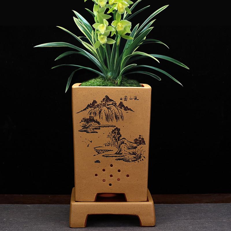 宜兴紫砂兰花盆六方大号陶瓷家用阳台室内带托盘盆景花盆