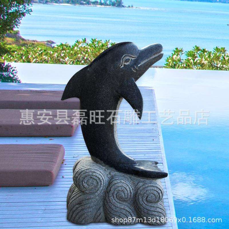 厂家直销石雕海豚 园林景观芝麻黑海豚 喷水动物海洋馆装饰摆件