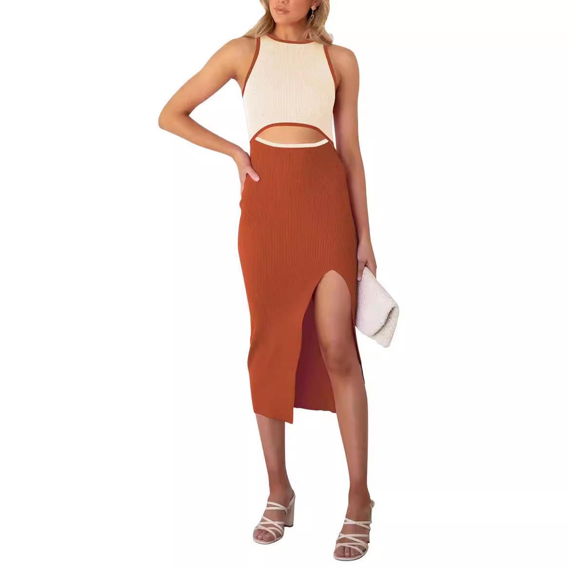 Fashionable Navel-Exposed Hip-wrapped Slit Dress Neck Slim