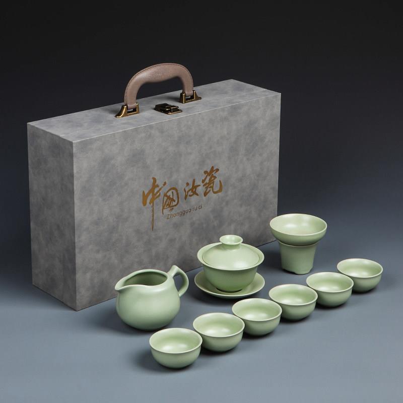 汝窑盖碗茶杯功夫茶具套组家用办公客厅会客茶具开片可养茶壶定制