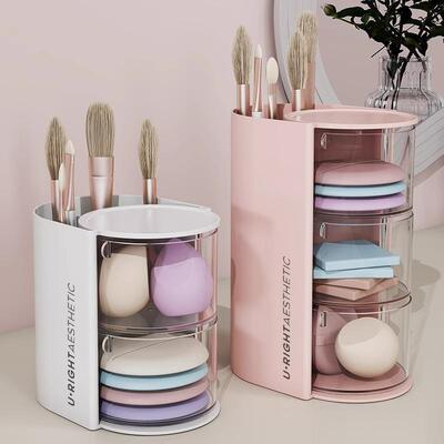 Rotating Dust-proof Makeup Brush and Puff Organizer, Desktop