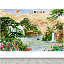 流水生财风景画客厅沙发背景，装饰画松鹤延年，山水画瀑布荷花贴纸画