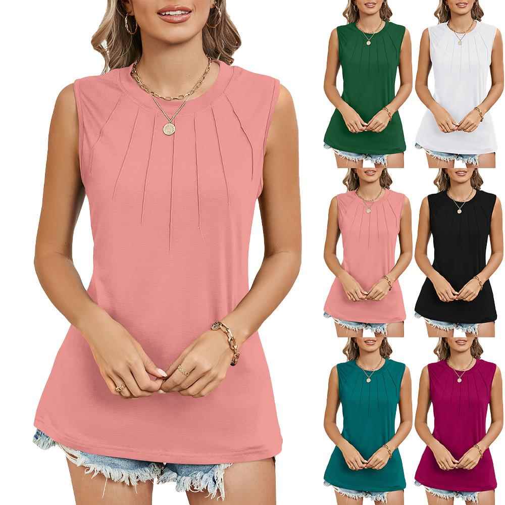 T-shirt top loose color round sleeveless womens neck Solid