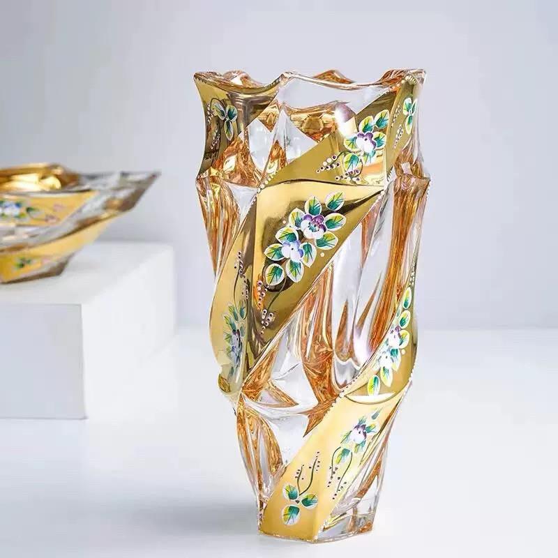 捷克进口手工描金珐琅花瓶水晶玻璃家居饰品干花高档客厅摆件轻奢