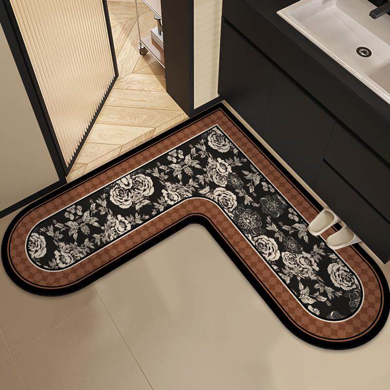 中古风浴室门口吸水防滑L型心形转角卫生间干区地垫高级感多材质