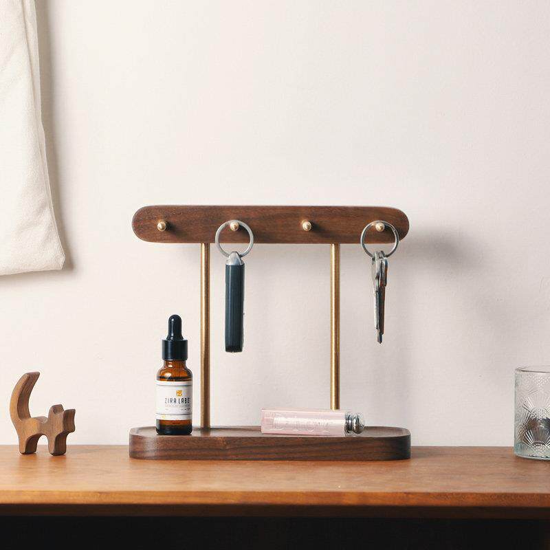 黑胡桃实木入户玄关挂钥匙架摆件置物架挂钩进门口收纳盒置物托