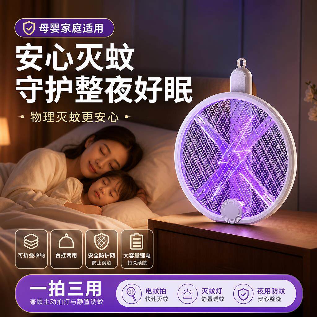 电蚊拍婴儿孕妇无辐射充电式家用超强力灭蚊灯二合一全自动款诱蚊