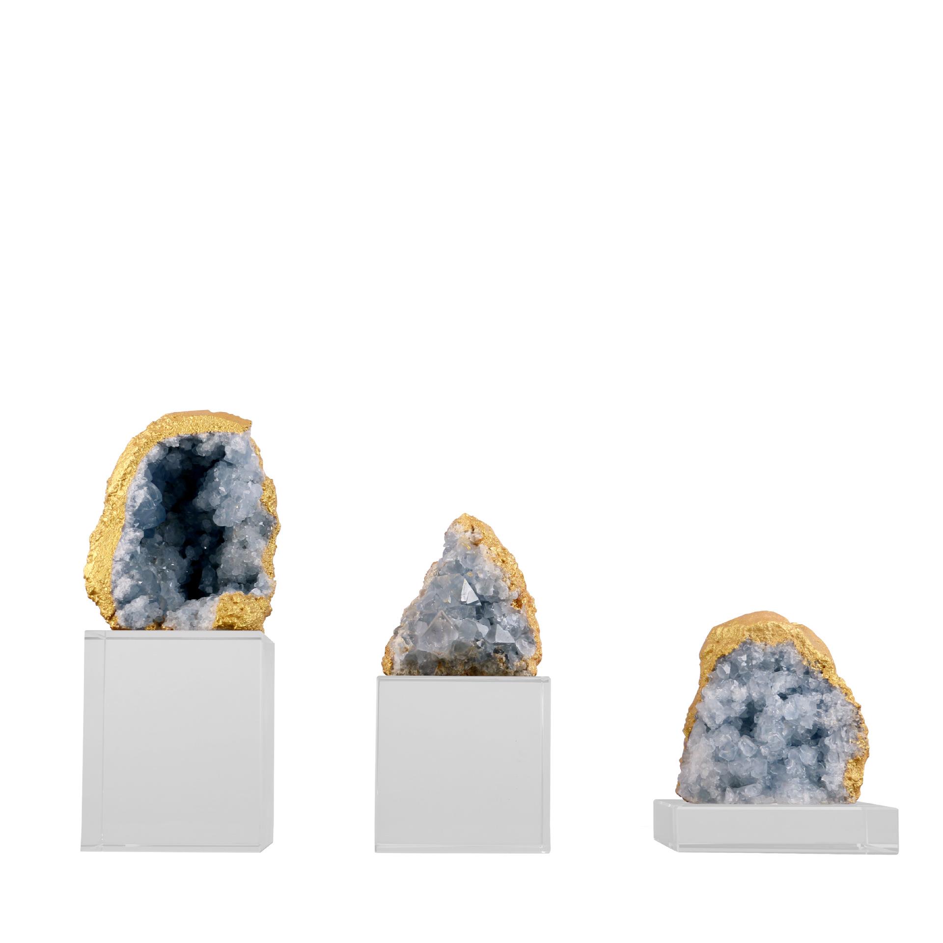 现代简约天然蓝晶石透明水晶底座摆件客厅电视柜样板间轻奢装饰品
