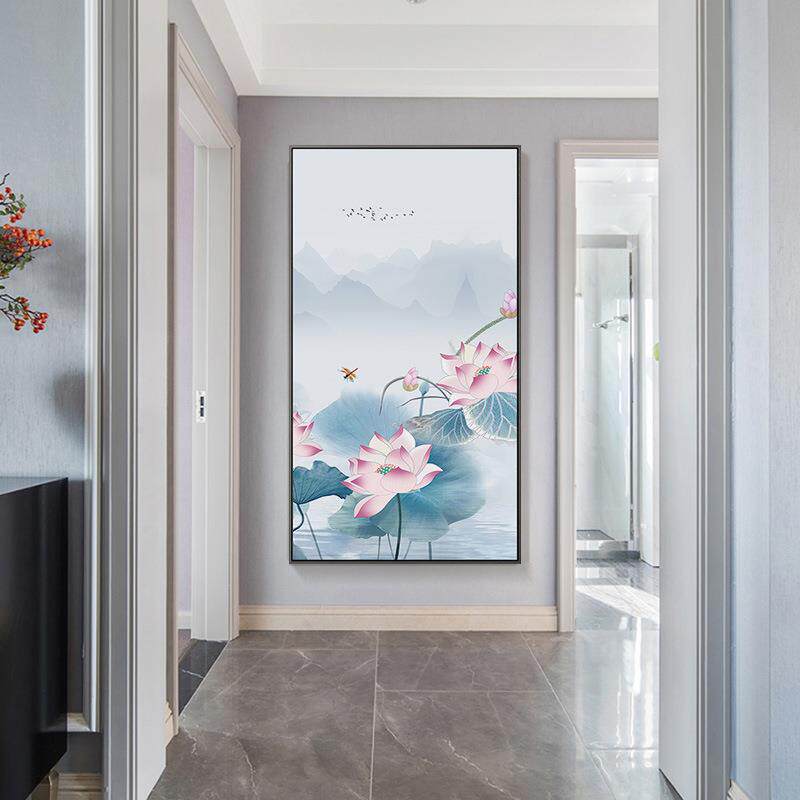 新中式玄关墙面装饰画中国风进门过道走廊挂画招财风水壁画荷花画