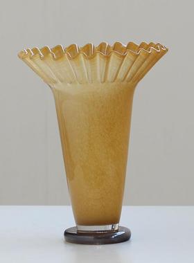 中古风创意大口荷叶边卷口褶皱琉璃花瓶软装家居样板间客厅装饰品