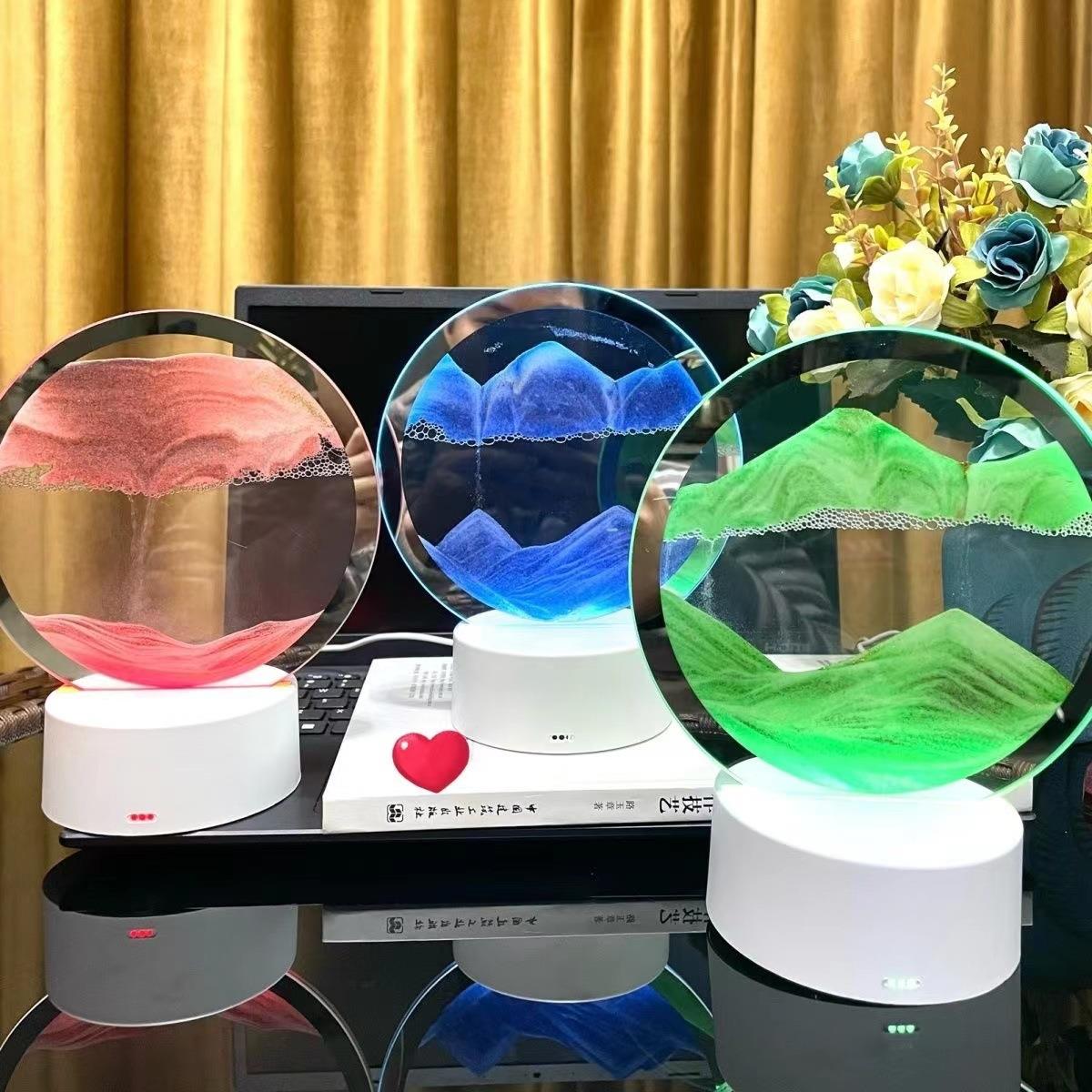 创意3D动a-1态流灯沙画小夜摆山水画件沙漏客厅办室桌面解压装公