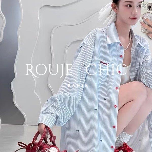 法国rouje chic法式蓝色POLO领长袖条纹衬衫女早春季宽松显瘦上衣