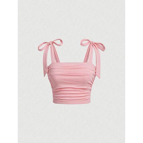 Solid Tie Shoulder Ruched Wide Strap Slim Fit Crop Top for W