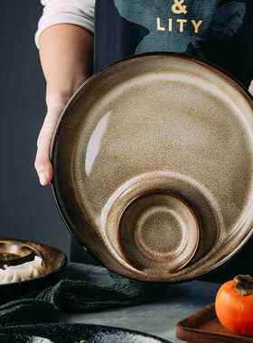 GQE日式陶饺子盘带醋碟分格创意水饺盘家瓷盘用早餐寿司盘薯子条