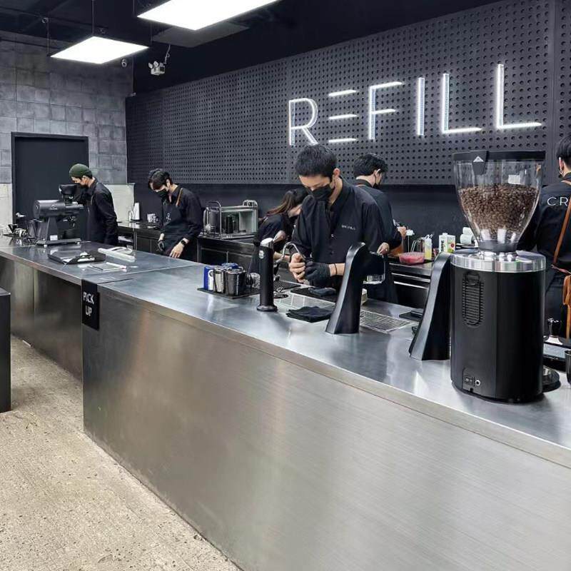 奶茶店咖啡厅吧台收银柜台乱纹不锈钢工作操作台转角定制水吧台前